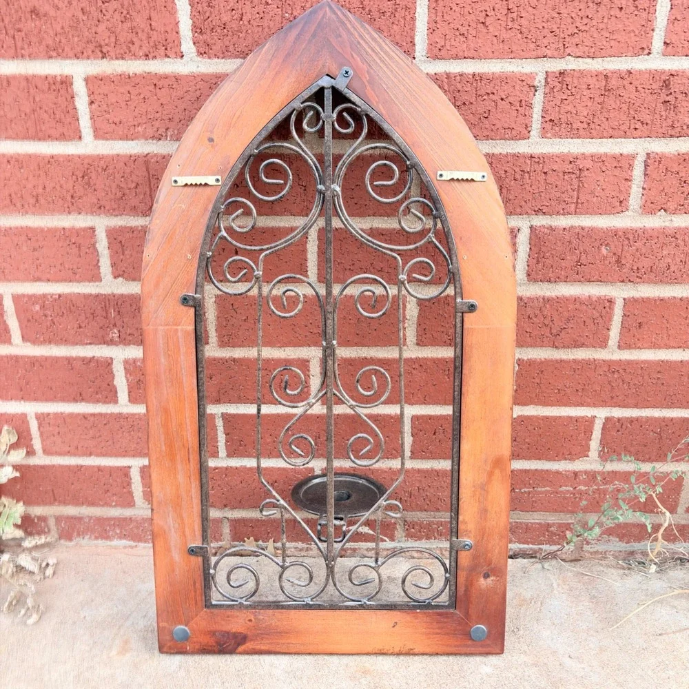 Gothic Arched Wood Wall Sconce Cathedral Window Wrought Iron Scrollwork 24